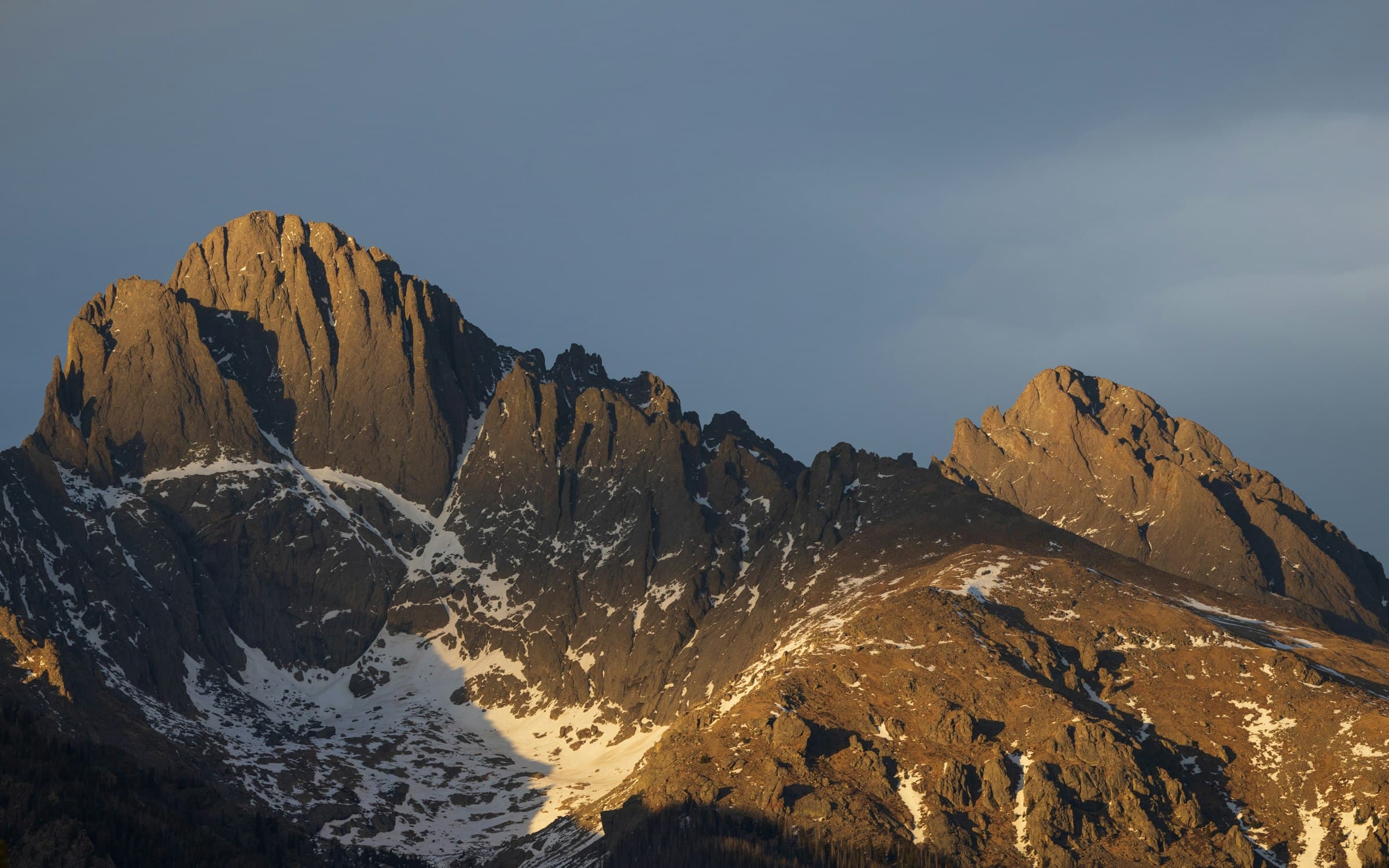The Crestone peaks of Colorado's Sangre de Cristo range at first light